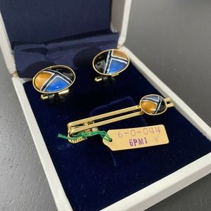 Vintage Shippo Cloisonne Gold Tone Oval Shaped Cuff Links & Tie Clip Japanese